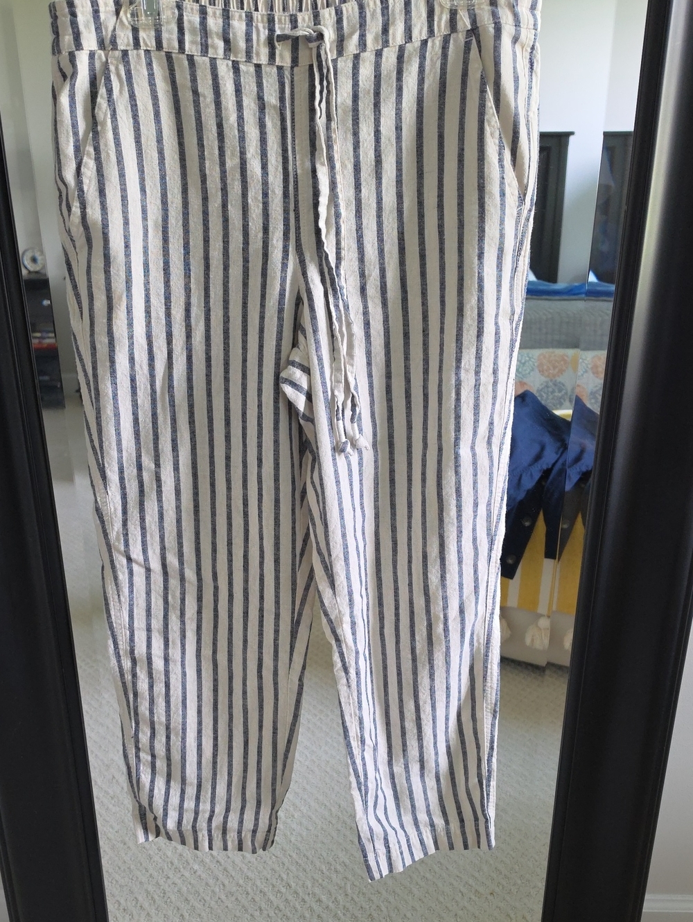 J. Crew Blue and White Vertical Stripe Drawstring Linen Blend Pants